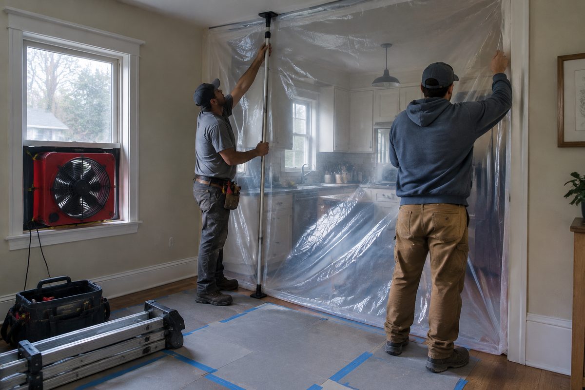 Crew raising plastic sheeting on zip-wall poles to seal a doorway before demolition