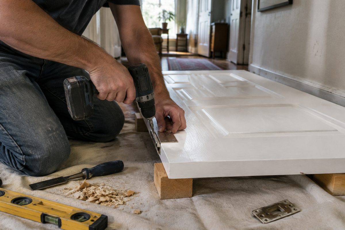 Interior door being rehung with a hinge screw driven in on a drop cloth