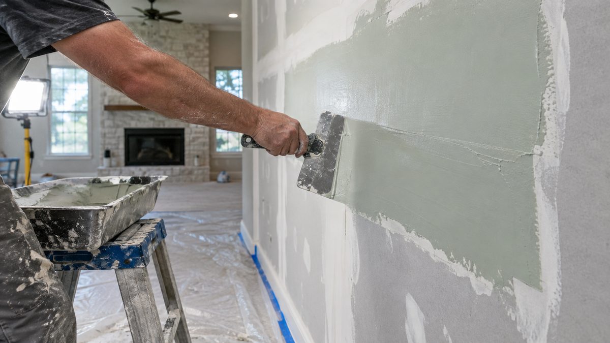 Crew member pulling a wide blade across a fresh skim coat on a living room wall