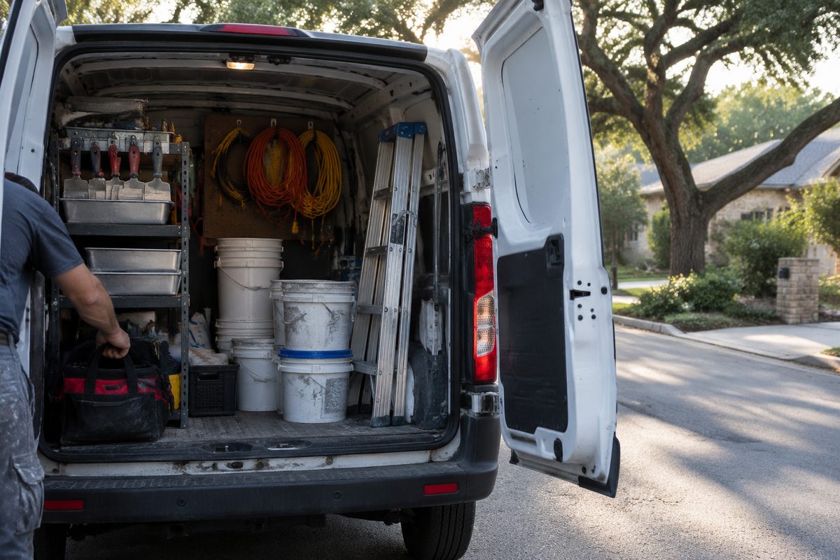 Rear doors of the crew van open on a residential street with drywall tools on the shelves